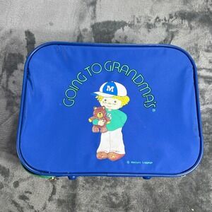 Vintage GOING TO GRANDMA'S Blue 1980s Childs' Vinyl Suitcase Travel Carry On Boy